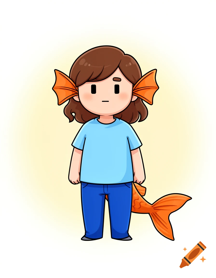 Chibi cartoon character with brown hair, orange fins for ears, blue shirt, pants, and an orange fish tail.