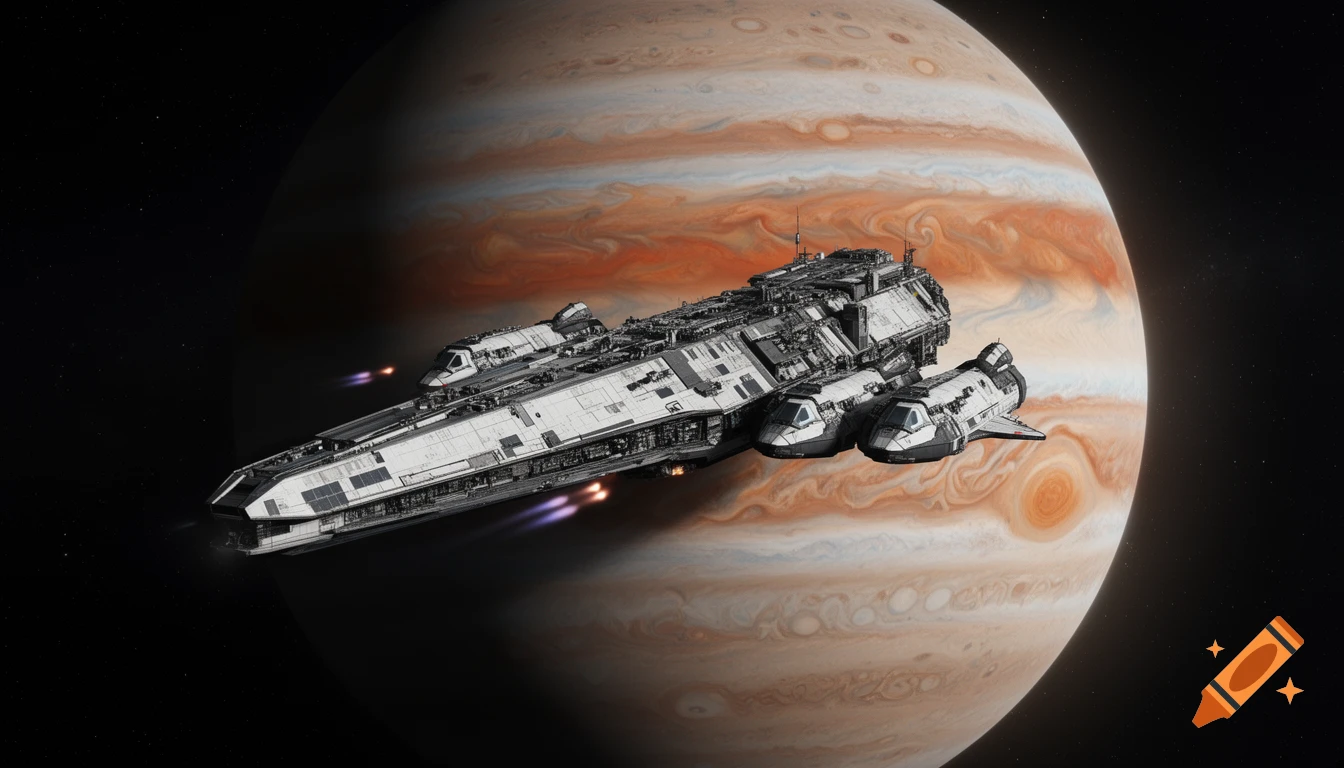 A large detailed white and grey spaceship with attached shuttles orbits Jupiter against a dark, starry space.