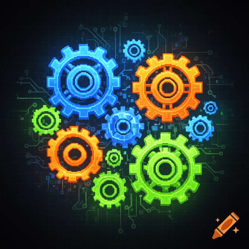A vibrant pixel art illustration of interlocking gears in blue, orange, and green, set against a dark background with faint circuit board patterns.