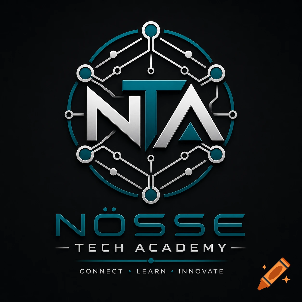 Metallic 'NTA' logo for Nösse Tech Academy in teal and silver, with circuit board elements and 'CONNECT The user wants me to analyze an image based on a provided schema and generator prompt. I need to output a JSON object with specific fields. Let's break down each field: 1. **nsfw**: The image is a corporate-style logo. It contains no explicit, violent, or hateful content. So, `false`. 2. **text_present**: There is clear text visible in the image: