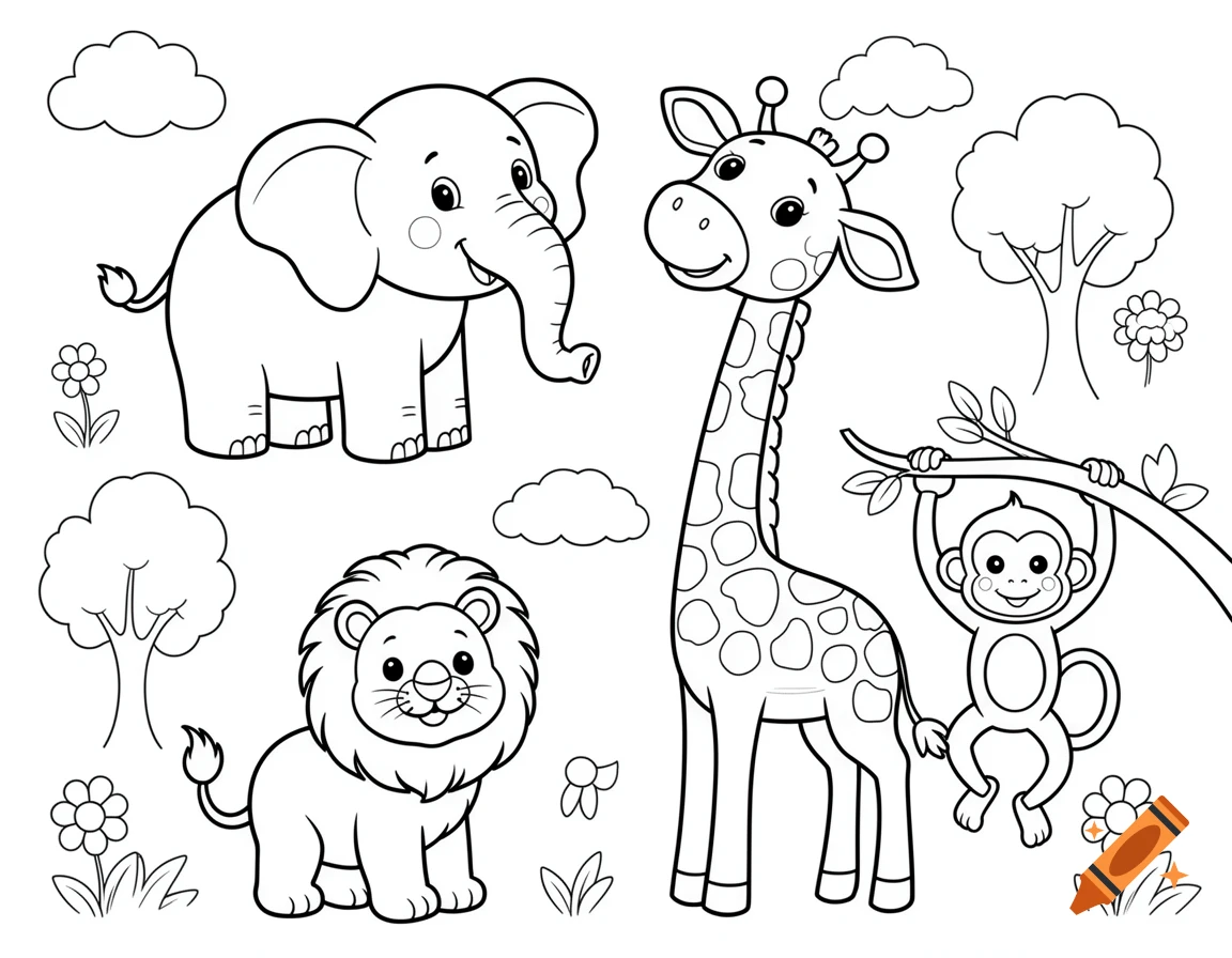 Black and white coloring page of a cute elephant, lion, giraffe, and monkey with trees and clouds.