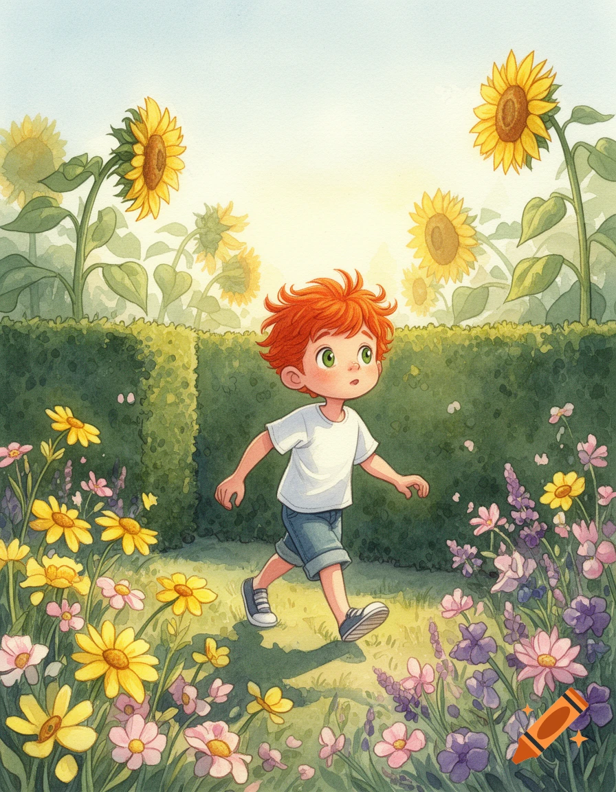 A watercolor cartoon of a red-headed boy walking through a vibrant garden filled with sunflowers and colorful flowers.