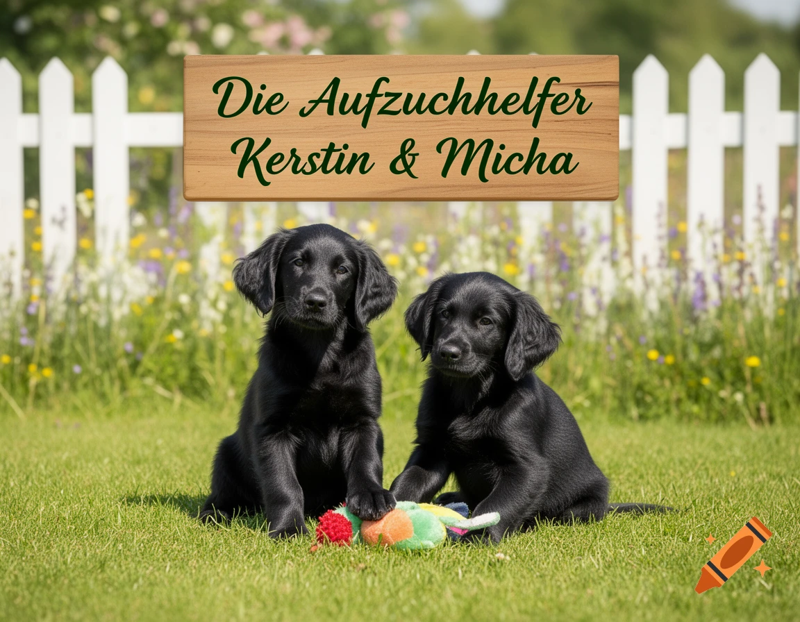 Two black Flat-Coated Retriever puppies sit in green grass with a wooden sign reading 'Die Aufzuchthelfer Kerstin & Micha' above them.