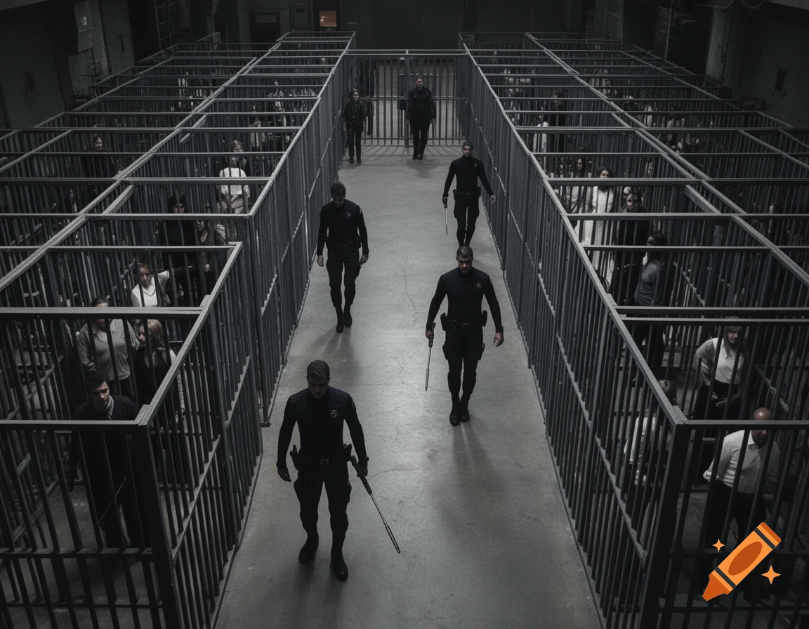 Overhead view of guards in a large, dark warehouse with rows of people in metal cages.