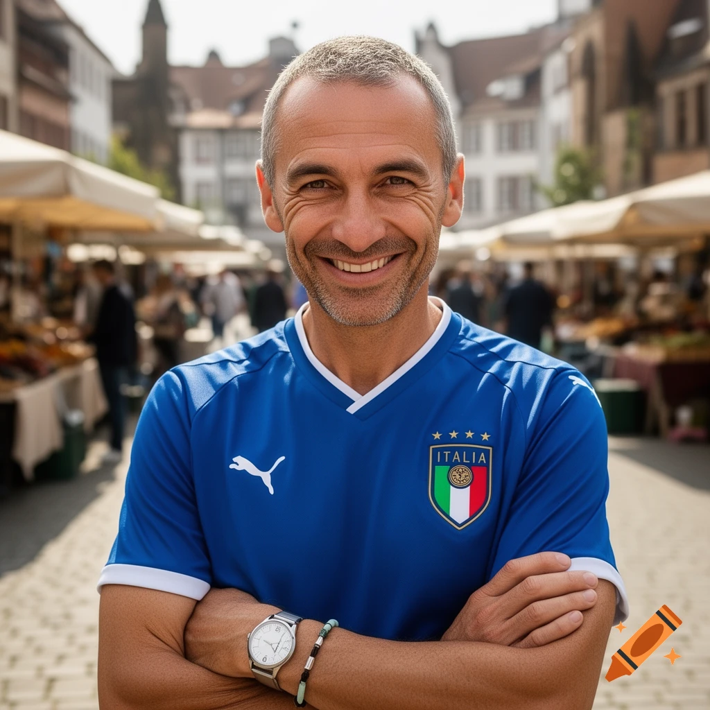 Smiling man in a blue Italy football jersey, watch, and bracelet, standing in a busy outdoor market street, photorealistic.