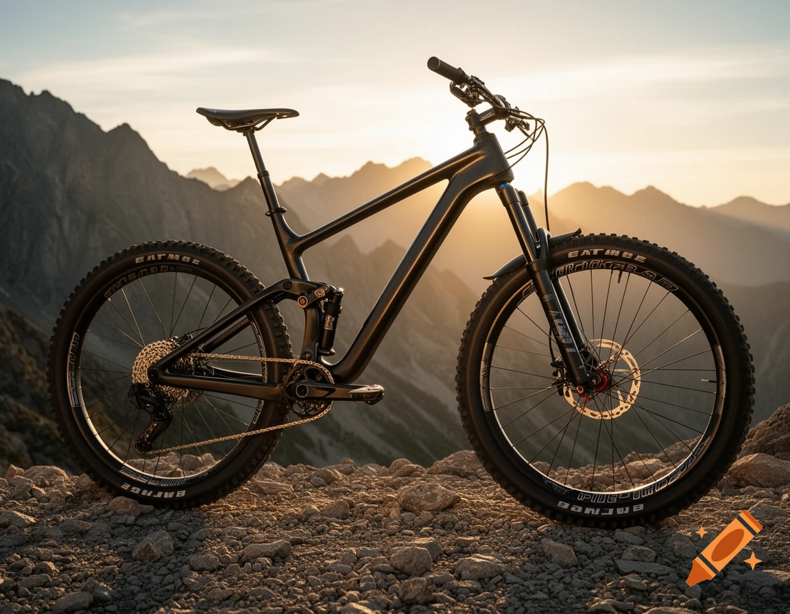A black full-suspension mountain bike sits on a rocky mountain trail with sunlit peaks and an orange sky at sunset.