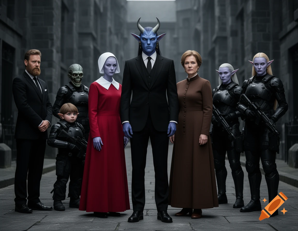 A diverse group of fantasy/sci-fi characters, including elves, a demon, and a skeleton, in formal wear and combat gear on a dark urban street.