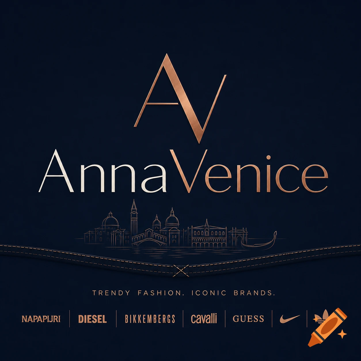 A dark blue and rose gold logo for 'AnnaVenice' featuring a stylized 'A', an outline of Venice, and fashion brand names.