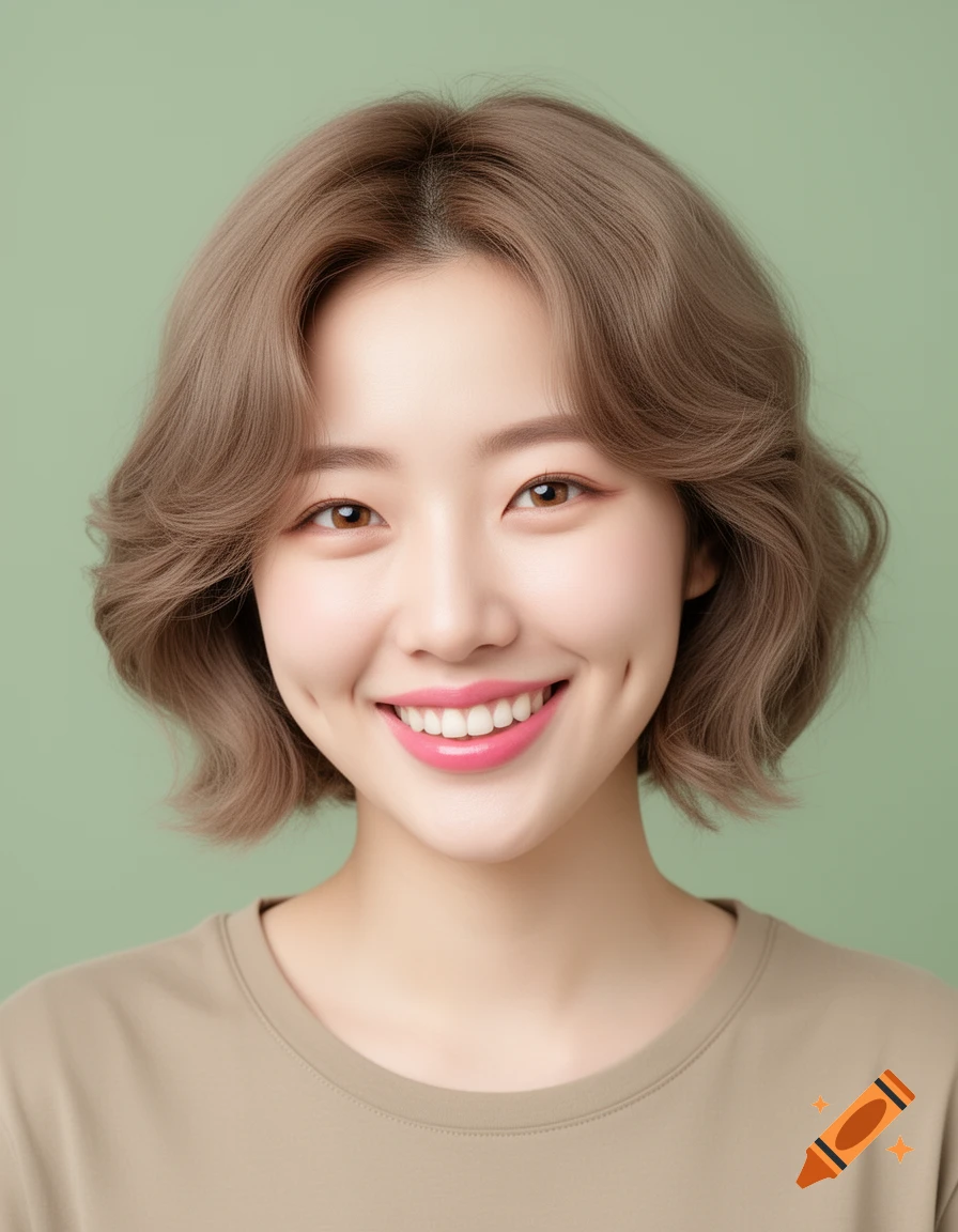 A photorealistic portrait of a smiling young woman with short, wavy light brown hair, dimples, and a pink smile, wearing a simple beige t-shirt against a light green background.