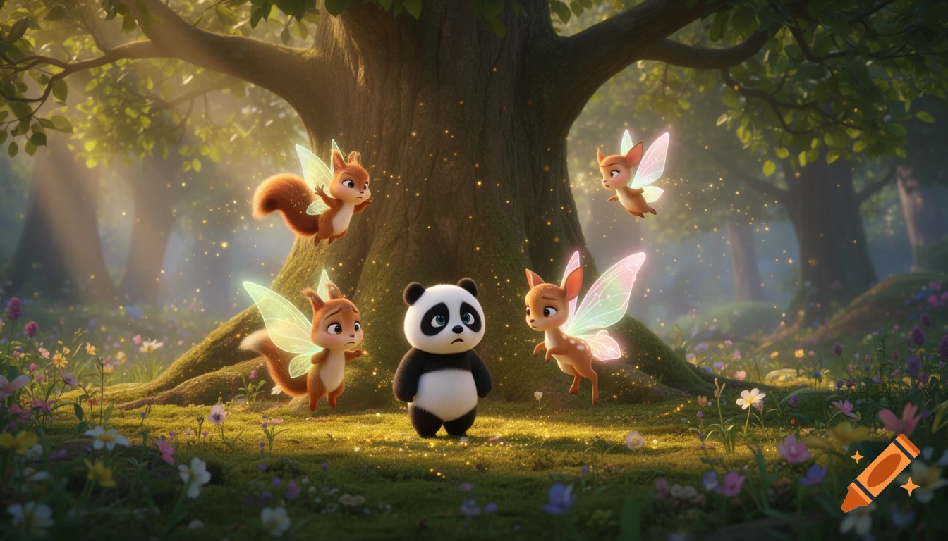 A cute 3D animated panda, two squirrels, and two deer with glowing fairy wings look concerned in a magical forest clearing with sparkling golden dust.