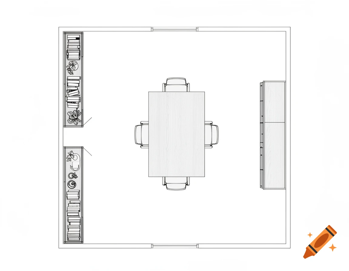 Top-down 2D plan of an office featuring a rectangular table with four chairs, two bookshelves, and a tall cabinet.