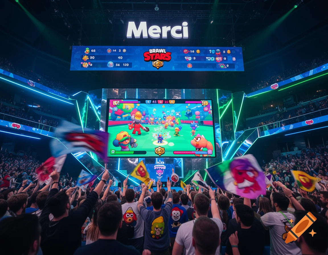 A large crowd of fans waving flags watches a Brawl Stars esports match on a giant screen in a brightly lit arena, with "Merci" displayed above.