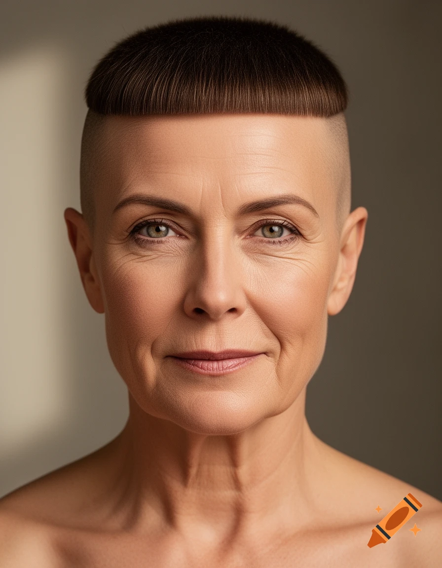 Photorealistic portrait of a middle-aged woman with a flat-top haircut and shaved sides, looking confidently at the camera.