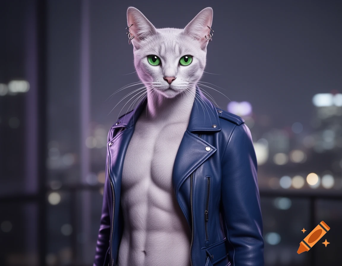 A muscular anthropomorphic grey cat with green eyes wears an open blue leather jacket against a blurred city night background.