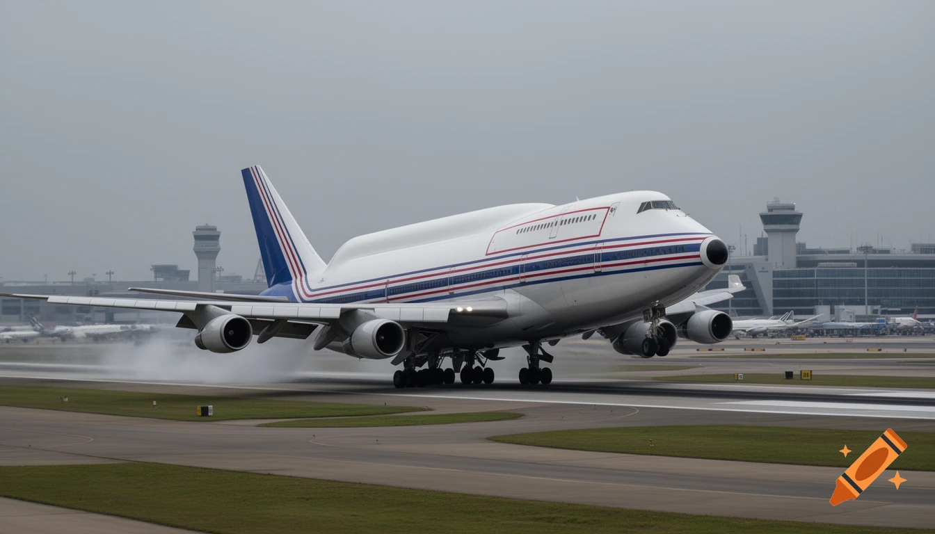A large white and blue passenger airplane with a full upper deck takes off from an airport runway on an overcast day.
