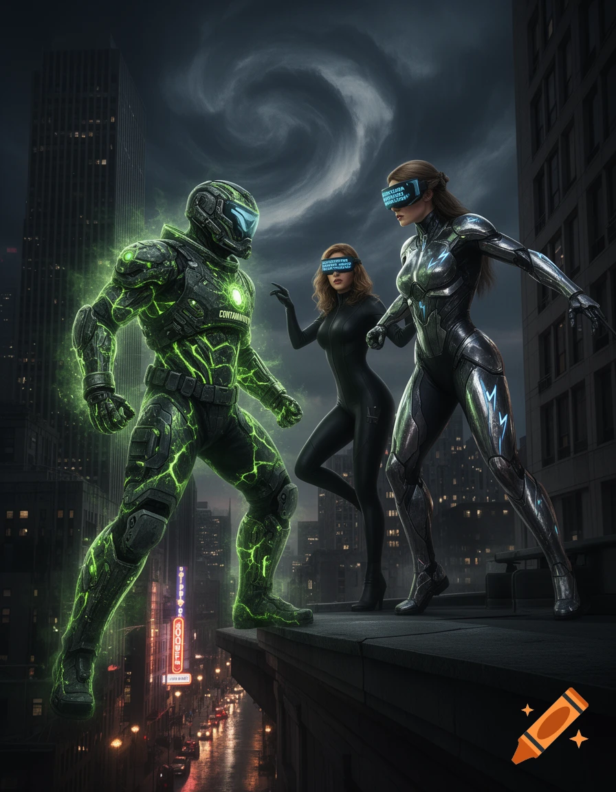 Three futuristic superheroes, one glowing green, stand on a high-rise rooftop overlooking a city at night. Two wear VR headsets.