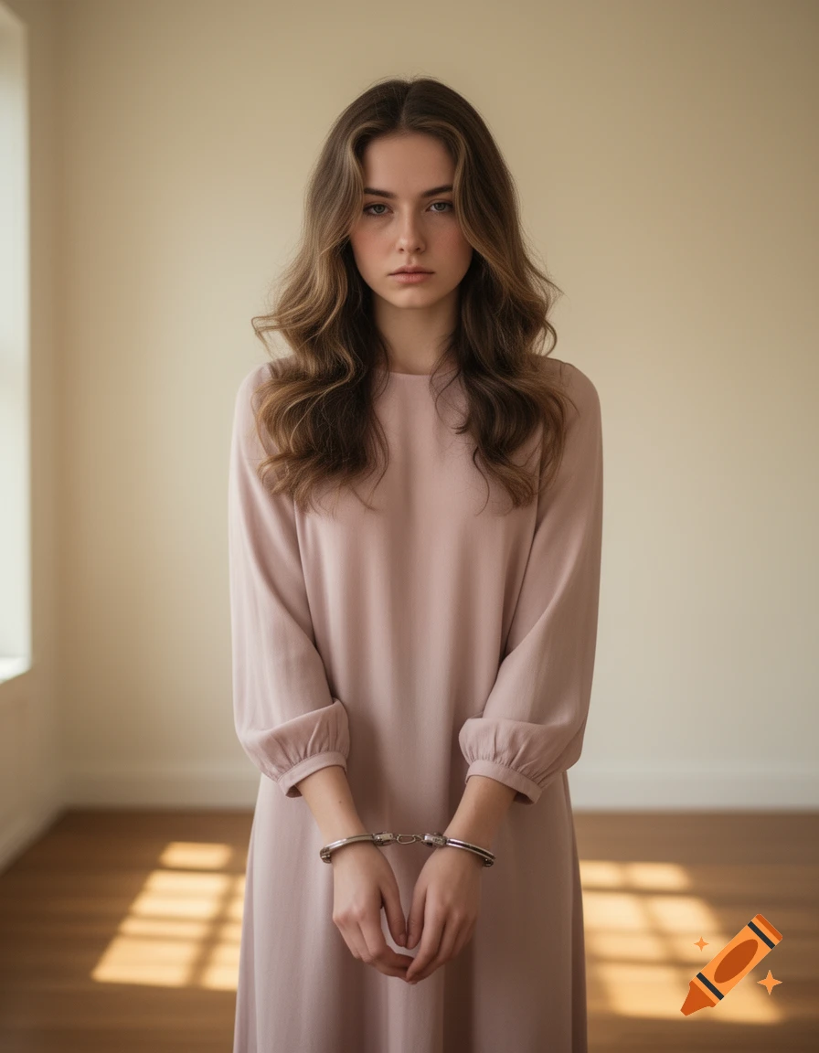 A serious young woman with long wavy hair in a light pink dress stands handcuffed at the wrists, looking directly at the camera in a minimal room.