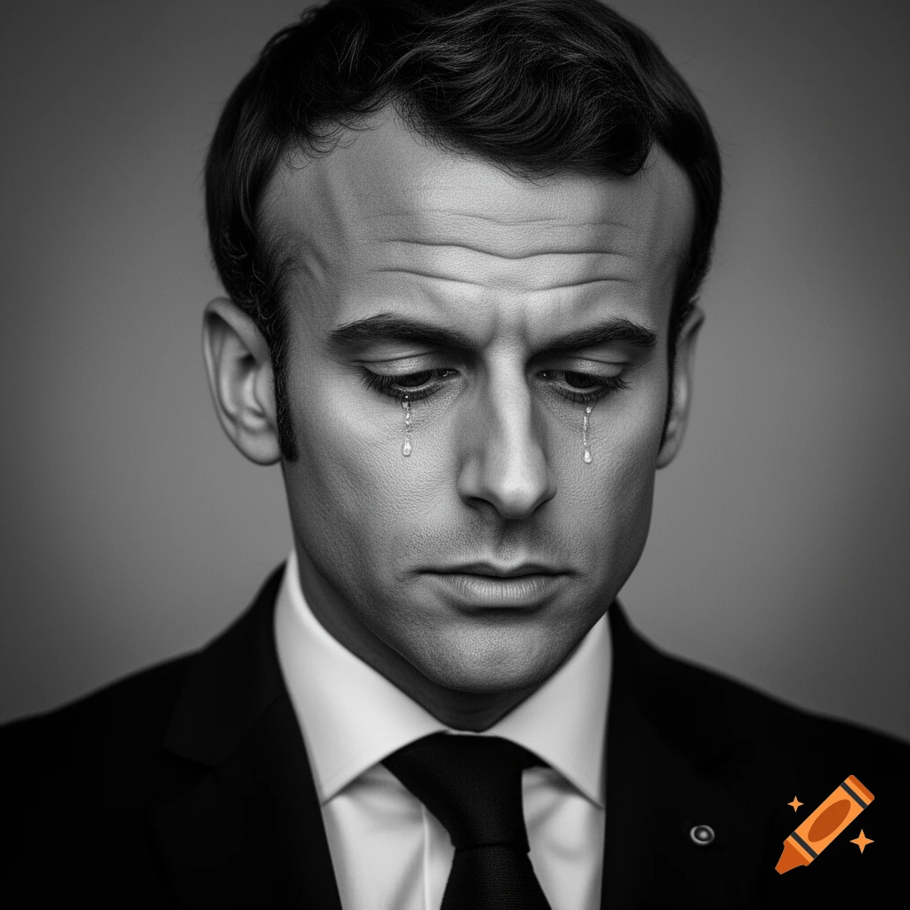 Black and white close-up portrait of Emmanuel Macron looking sad and depressed, with tears on his cheeks.