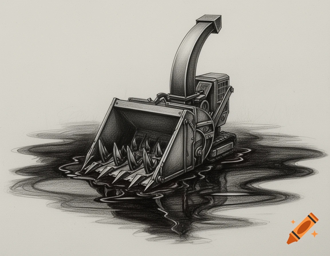 A detailed pencil drawing of a wood chipper sitting in a dark, reflective puddle.
