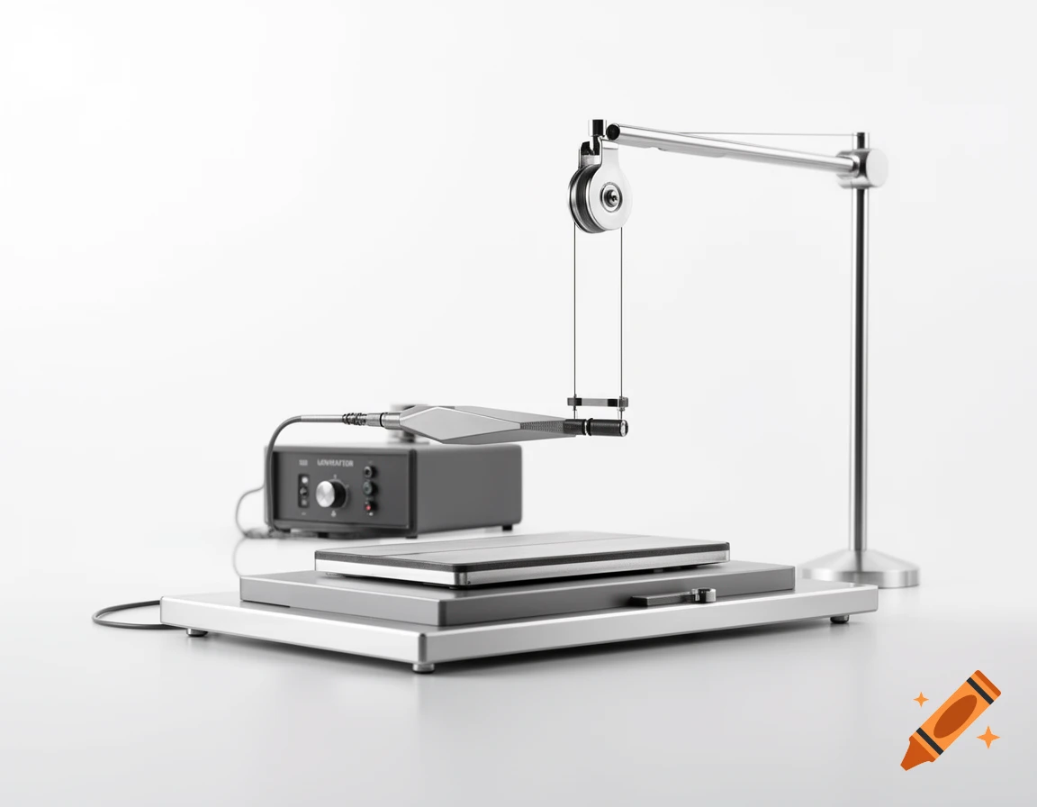 A modern scientific setup for a vibrating string experiment, with a generator box, pulley, and vibrating element over plates, on white.