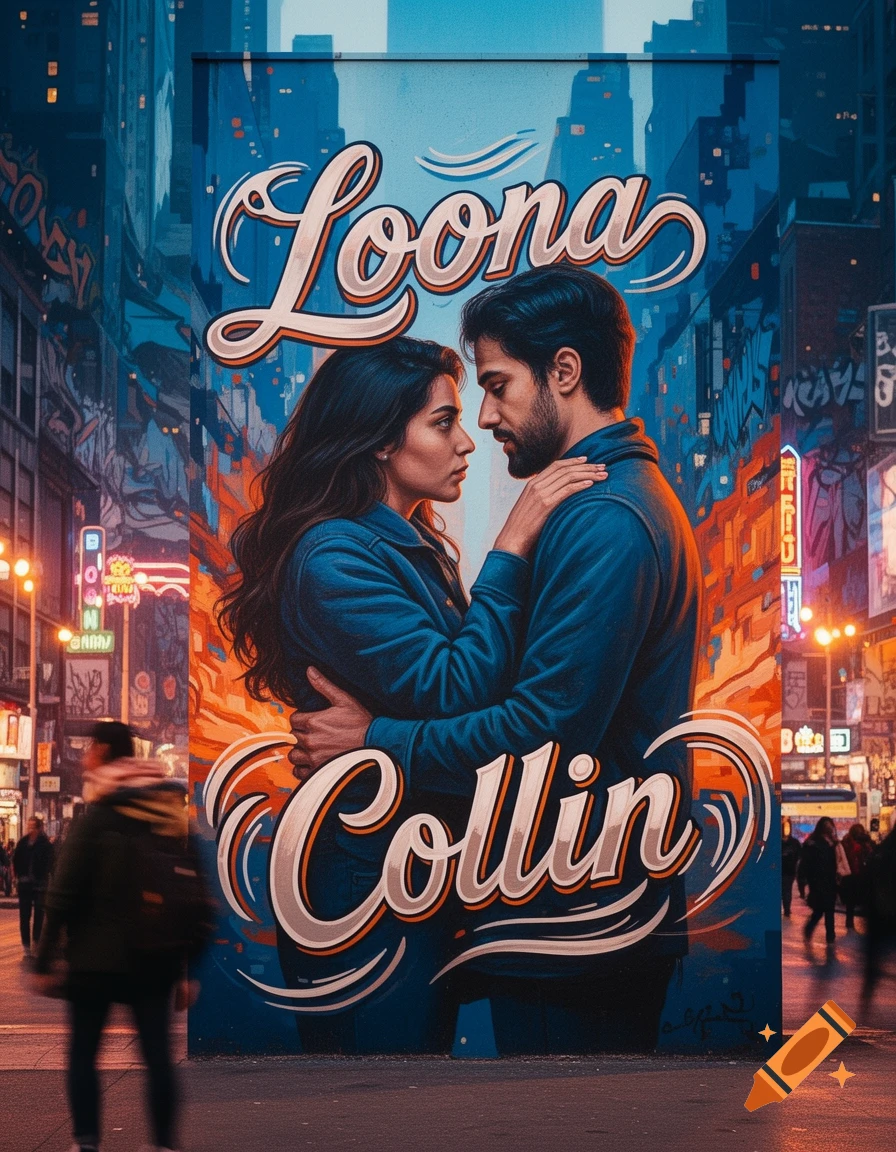 A man and woman embrace on a large colorful mural in a vibrant, neon-lit city street at night. The mural features the names 'Loona' and 'Collin'.