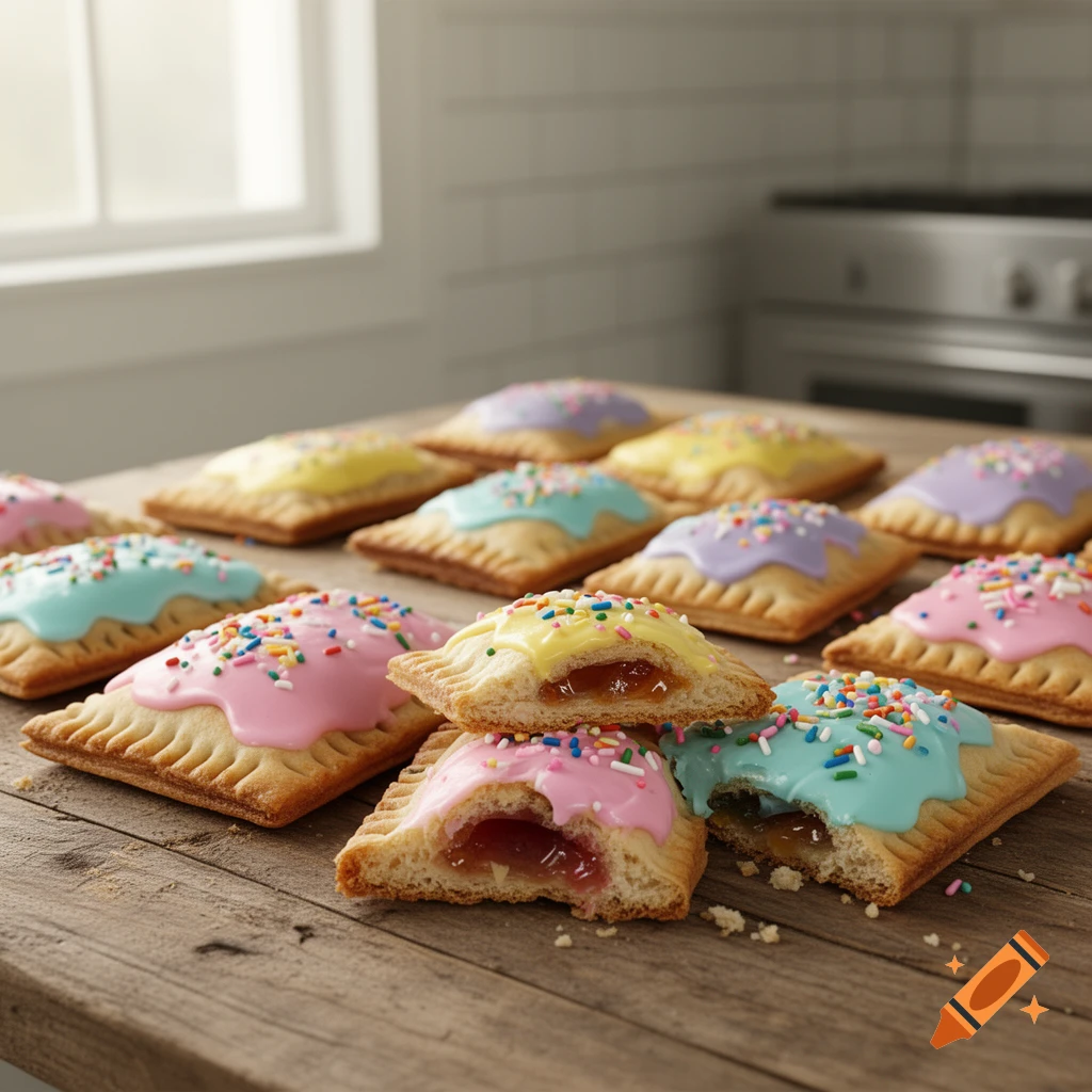 Colorful frosted pop tarts with sprinkles and fruit filling displayed on a wooden table.