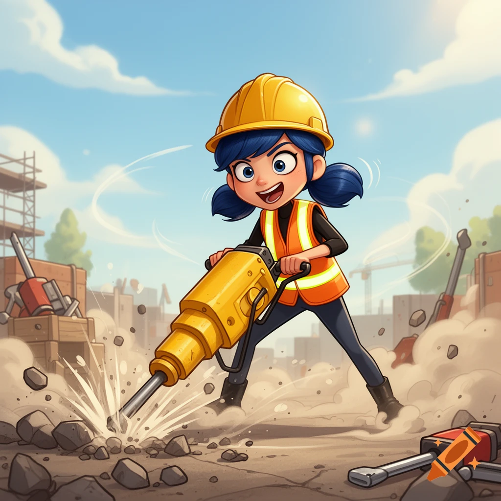 A cartoon character, Marinette, in a yellow hard hat and orange vest, uses a jackhammer at a construction site.
