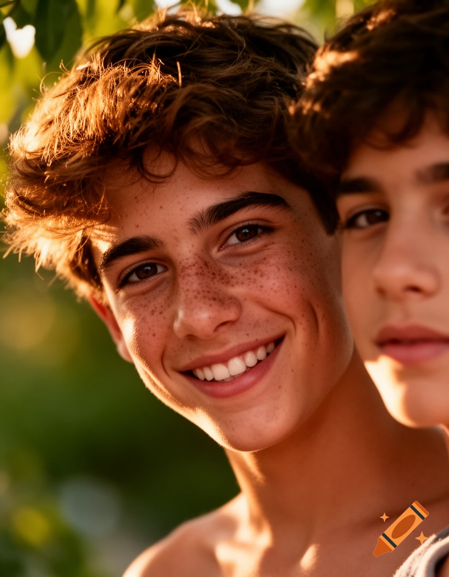 Close-up of a smiling boy with freckles and curly brown hair, bathed in golden light, with another boy partially visible beside him.