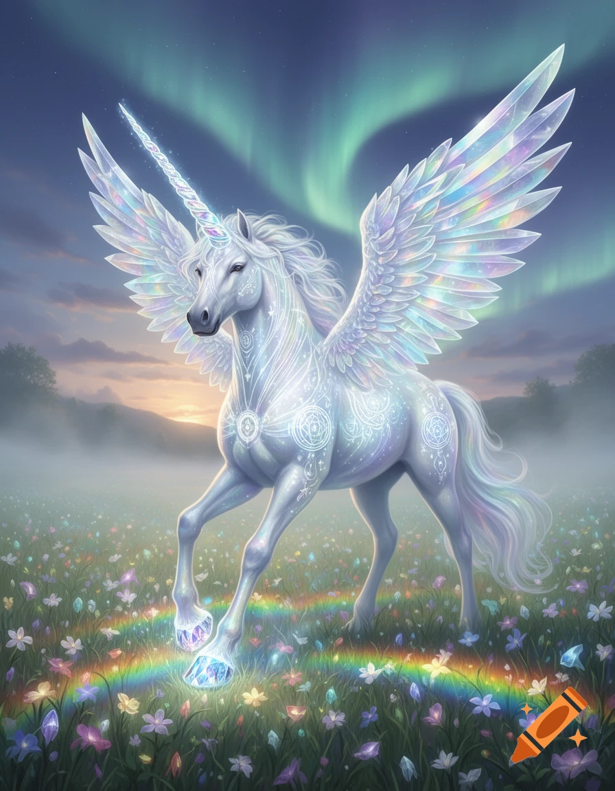 A majestic white alicorn with glowing crystal wings and horn stands in a field of colorful flowers with a rainbow reflection, under an aurora borealis sky.