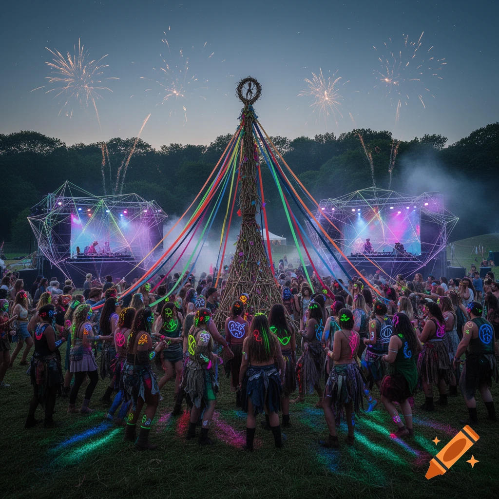 A vibrant outdoor music festival at night with a large crowd dancing around a glowing maypole, fireworks, and neon-lit stages.
