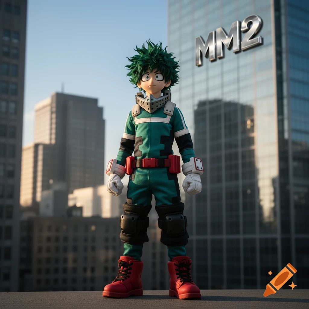 A 3D render of Deku from My Hero Academia stands on a rooftop with city buildings in the background, one displaying "MM2" text.