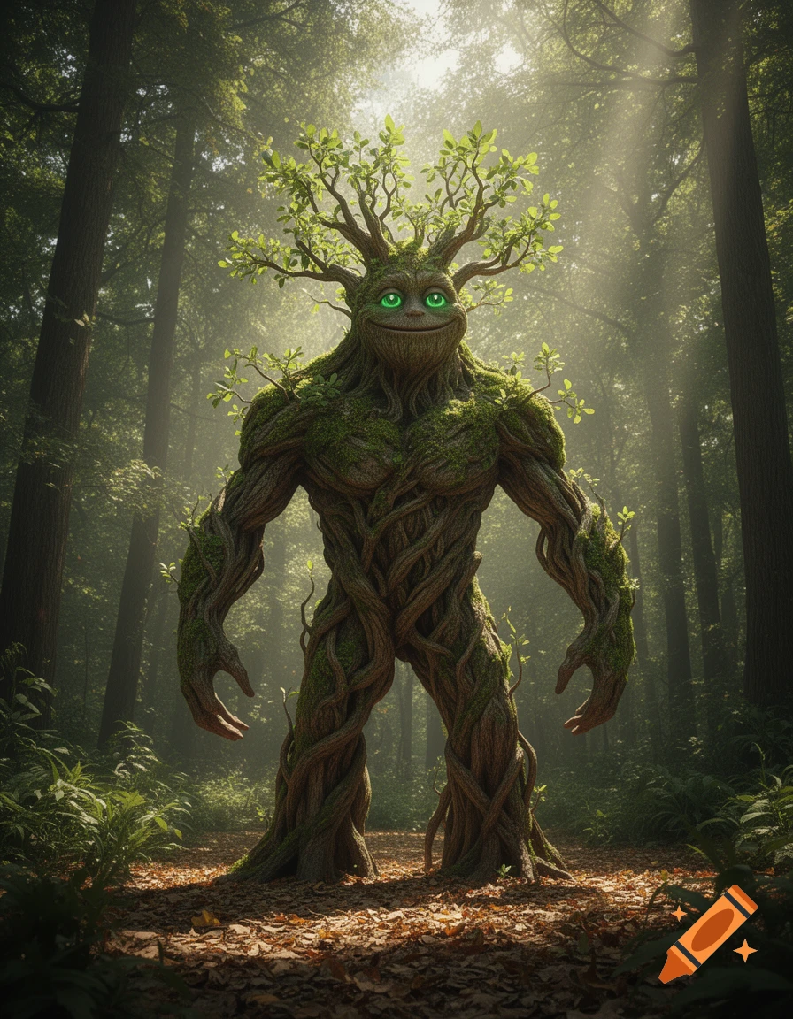A friendly, smiling tree monster with glowing green eyes, made of roots and moss, stands in a sunlit forest.
