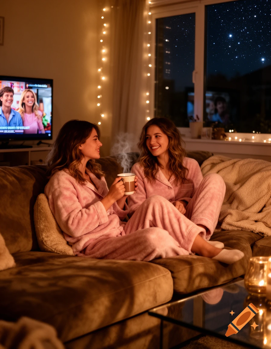 Two women in pink pajamas sit on a couch, one holding a steaming mug, in a cozy living room decorated with string lights.