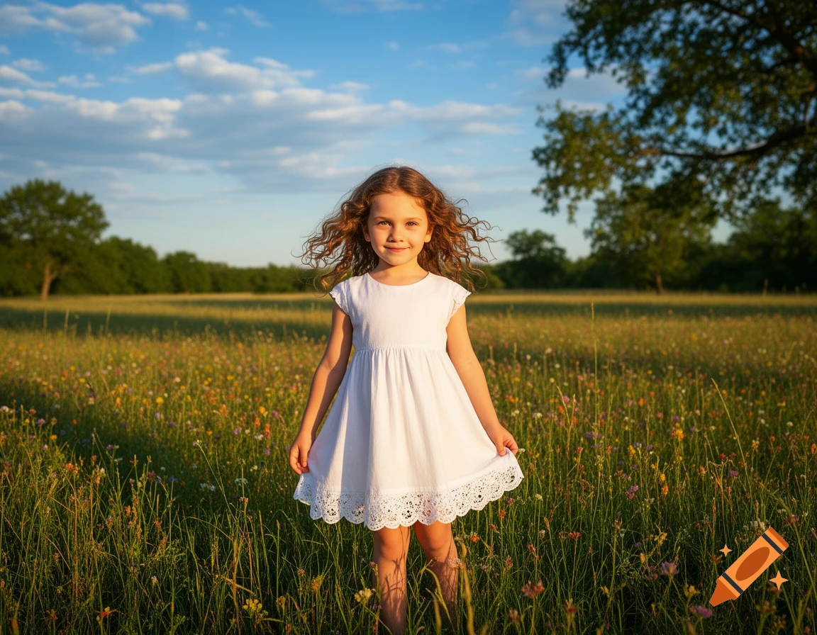 A young girl with curly hair wearing a white dress stands in a vibrant wildflower field under a blue sky.