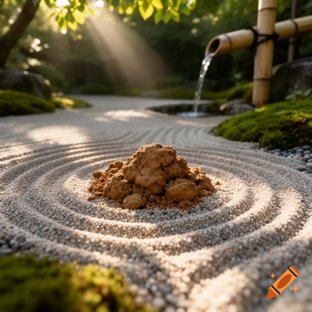 A pile of brown soil sits centrally in a meticulously raked Zen garden with circular patterns, bathed in sunbeams filtering through leaves.