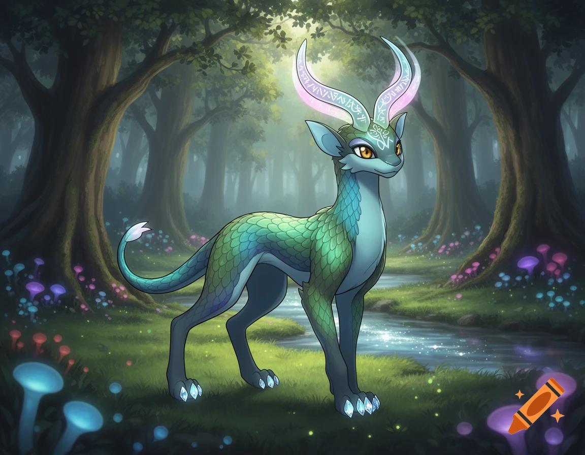 A teal and green scale-skinned fantasy creature with glowing pink-blue horns and yellow eyes stands in a magical forest with luminous mushrooms and a sparkling stream.