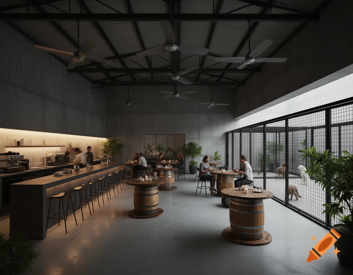 Modern industrial cafe interior with a long bar, barrel tables, people, and an outdoor dog run with dogs visible.