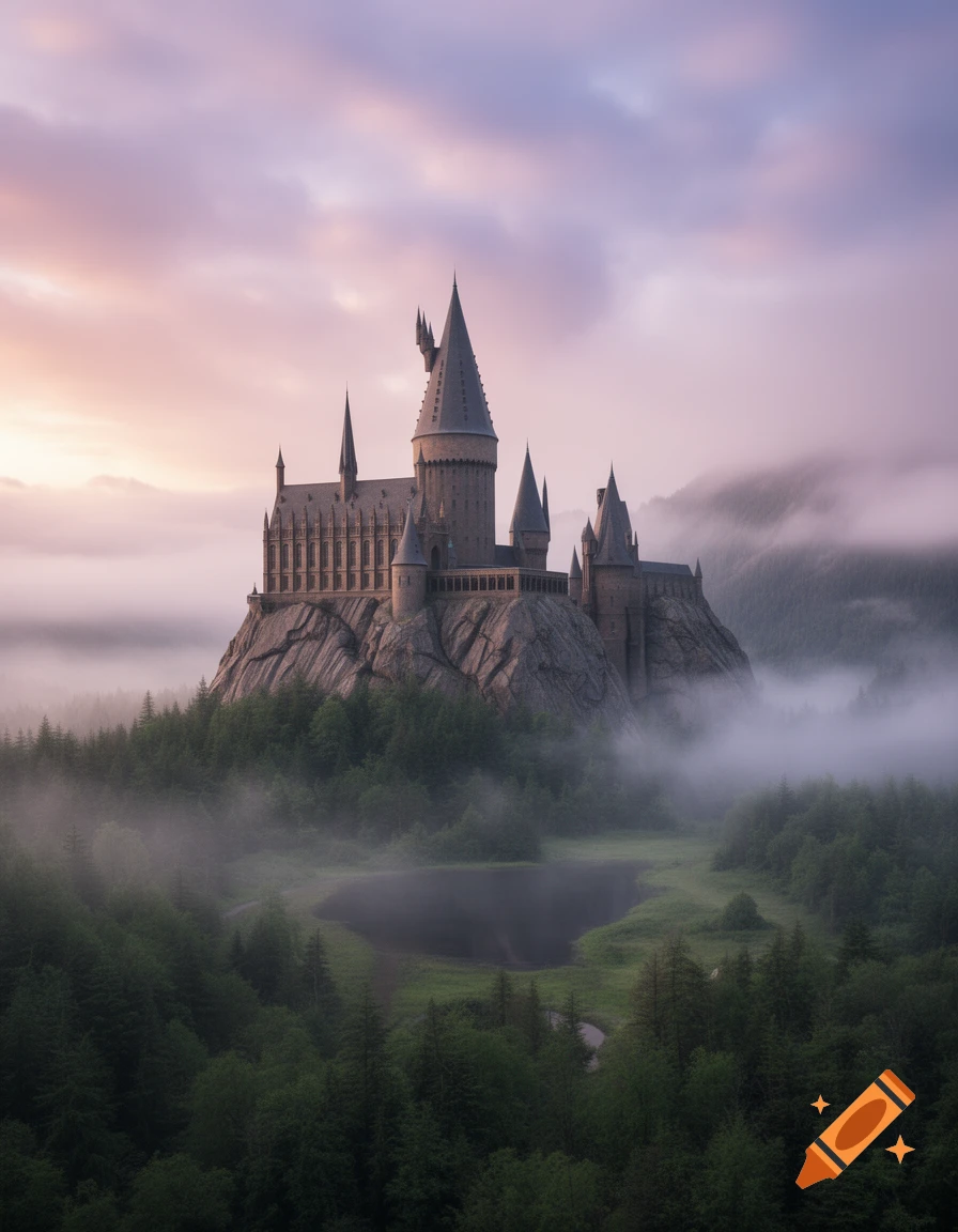 A grand, gothic castle stands atop a rocky peak amidst a misty forest ...