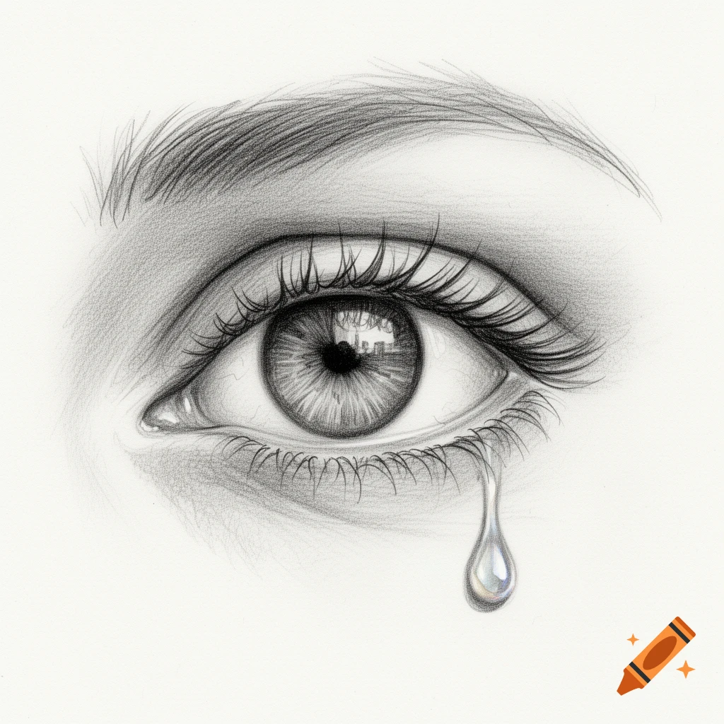 Detailed pencil sketch of a crying human eye with an eyebrow.