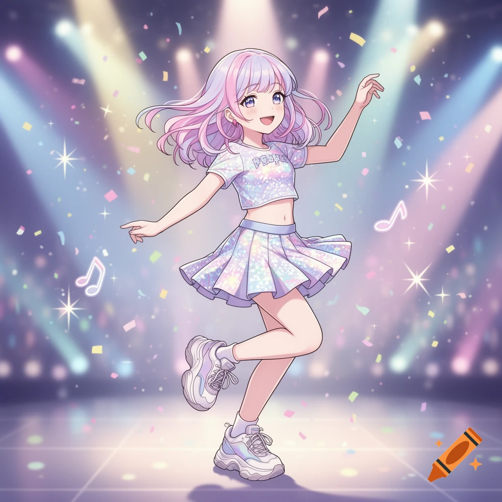 A cheerful anime girl with pastel pink and purple hair dances on a stage with confetti and spotlights, wearing a glittery crop top and skirt.