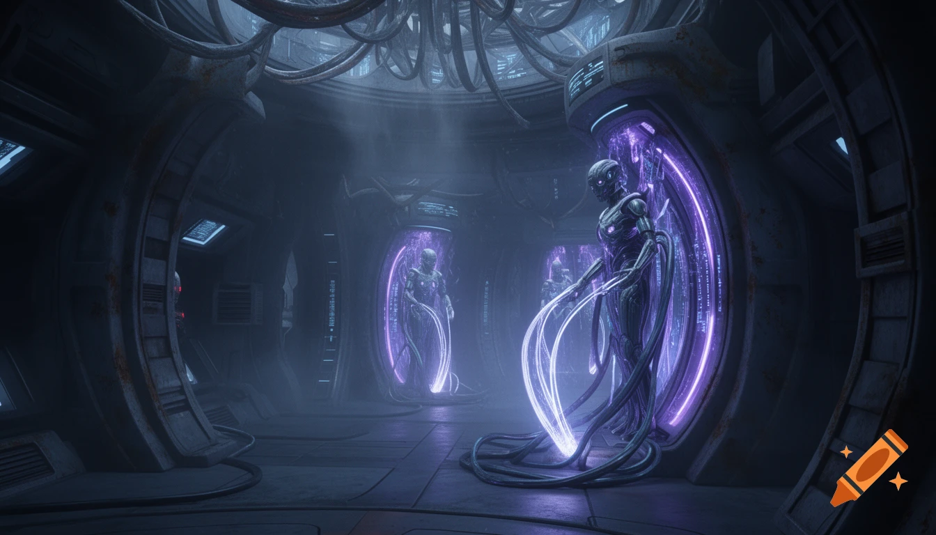 Photorealistic image of cyborgs in glowing purple charging pods in a dark, industrial sci-fi chamber with cables.