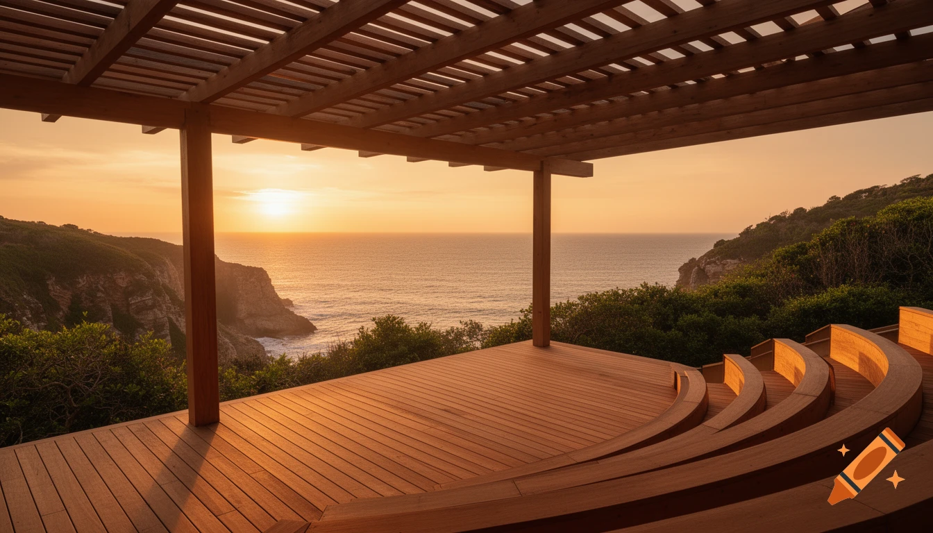 Photorealistic image of a wooden viewing deck with an amphitheater overlooking the sea at sunset, under a pergola.