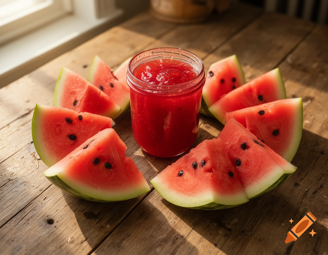 A jar of red watermelon jam is centered among multiple slices of fresh watermelon on a rustic wooden table, lit by sunlight.