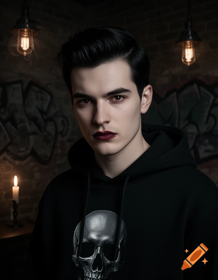 Photorealistic portrait of a young man with dark hair, dark eye makeup, and dark lipstick, wearing a black hoodie with a skull design, in a dimly lit grunge room.