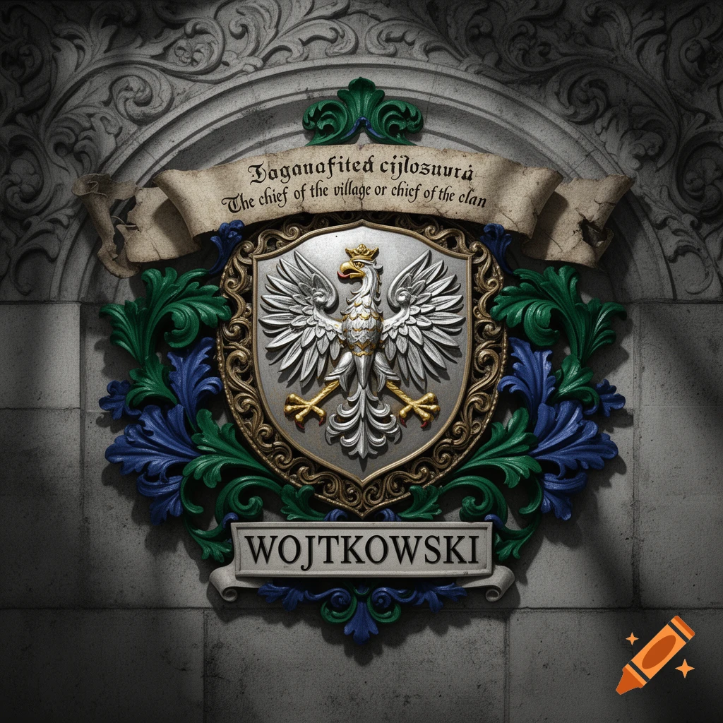 A decorative coat of arms with a white crowned eagle, green and blue floral motifs, and a banner with the name WOJTKOWSKI on a stone background.