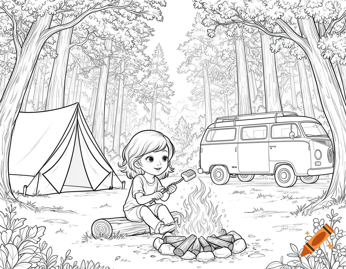 A black and white coloring page illustration shows a cartoon girl roasting s'mores at a campfire, with a tent, camper van, and forest in the background.