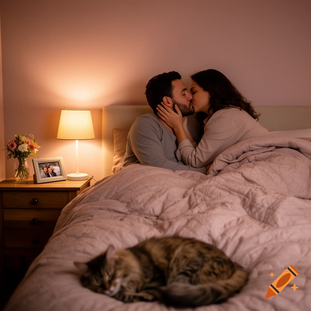 A couple kisses intimately in bed, illuminated by a bedside lamp, as a tabby cat sleeps in the foreground.