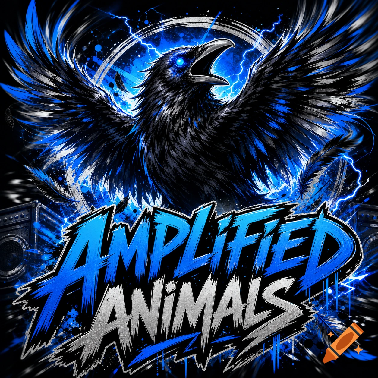 Grunge comic style logo: A black raven with blue glowing eyes, spread wings, and blue lightning, with 'AMPLIFIED ANIMALS' below.