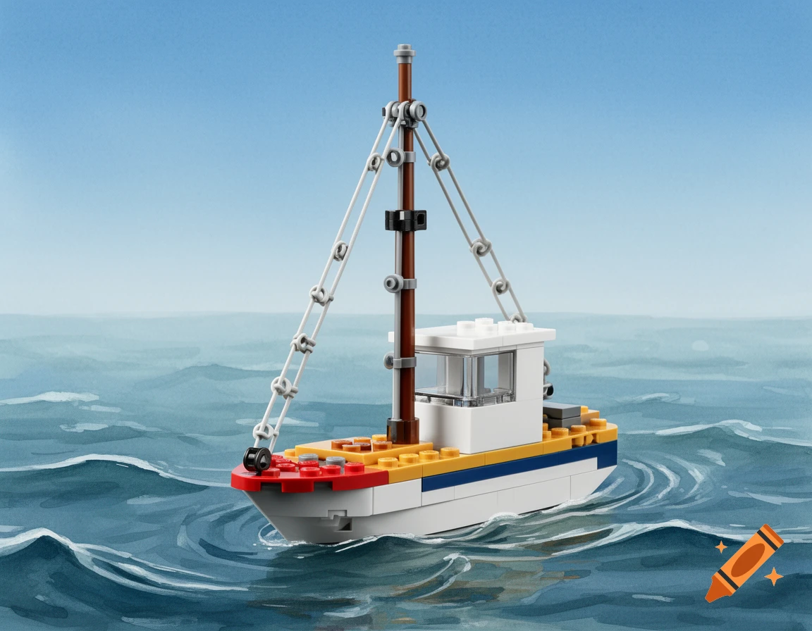 A detailed Lego fishing boat with a white cabin and mast, floating on painted blue water.