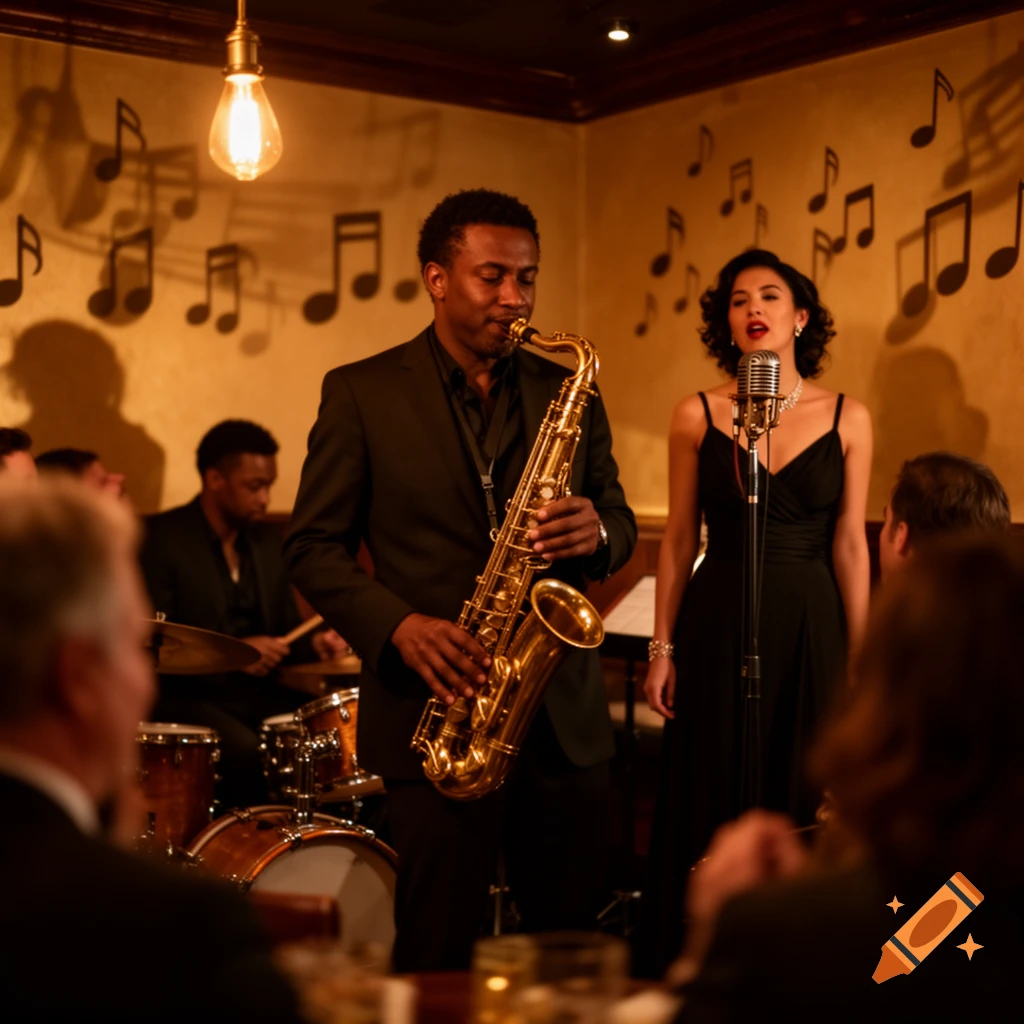 A man plays saxophone as a woman sings into a microphone on stage in a jazz club with musical notes on the walls.